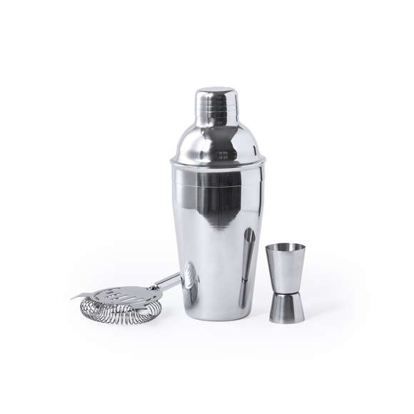 Set cóctel de 3 accesorios, fabricado en acero inox de acabado cromado. Incluye: Cocktelera de 550ml de capacidad, con cierre de seguridad y tapón dosificador en parte superior.Colador con asa.Medidor single/double.