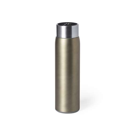 Bidón térmico de acero inox y doble pared, con medidor de temperatura táctil integrado en tapón. 500ml de capacidad y de acabado mate. Con tapón de seguridad libre de BPA y presentado en atractiva caja de diseño. Alimentación a pilas (de botón incluida) y disponible manual de instrucciones en español e inglés.