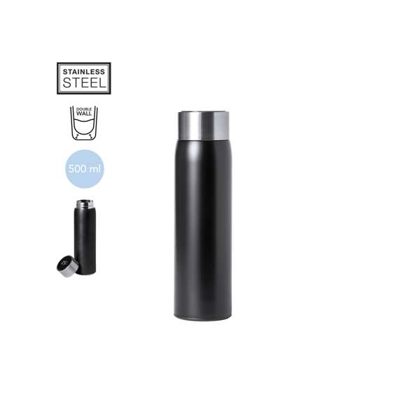 Bidón térmico de acero inox y doble pared, con medidor de temperatura táctil integrado en tapón. 500ml de capacidad y de acabado mate. Con tapón de seguridad libre de BPA y presentado en atractiva caja de diseño. Alimentación a pilas (de botón incluida) y disponible manual de instrucciones en español e inglés.