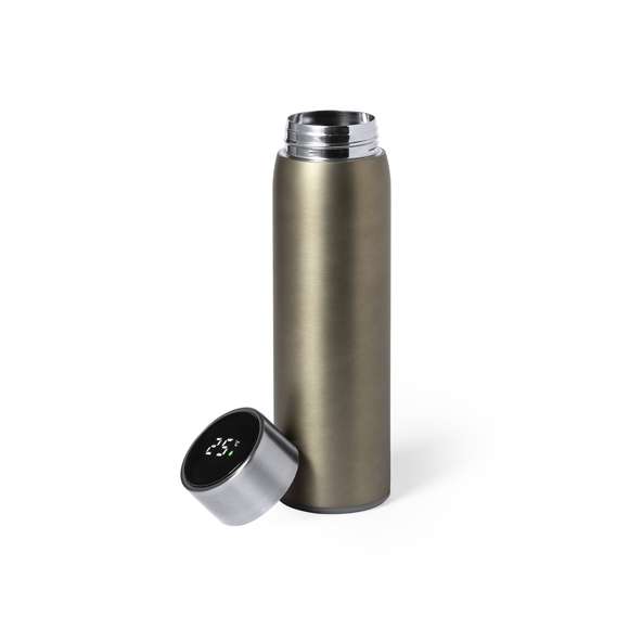 Bidón térmico de acero inox y doble pared, con medidor de temperatura táctil integrado en tapón. 500ml de capacidad y de acabado mate. Con tapón de seguridad libre de BPA y presentado en atractiva caja de diseño. Alimentación a pilas (de botón incluida) y disponible manual de instrucciones en español e inglés.