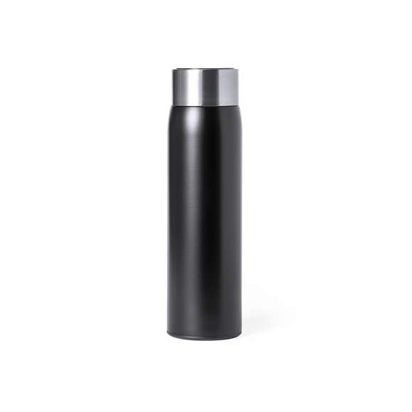Bidón térmico de acero inox y doble pared, con medidor de temperatura táctil integrado en tapón. 500ml de capacidad y de acabado mate. Con tapón de seguridad libre de BPA y presentado en atractiva caja de diseño. Alimentación a pilas (de botón incluida) y disponible manual de instrucciones en español e inglés.