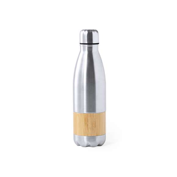 Bidón de línea nature, en combinación de materiales acero inox de acabado mate y bambú. 750ml de capacidad, con tapón de seguridad y presentado en atractiva caja de diseño eco.