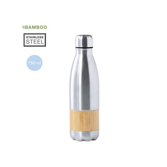 Bidón de línea nature, en combinación de materiales acero inox de acabado mate y bambú. 750ml de capacidad, con tapón de seguridad y presentado en atractiva caja de diseño eco.