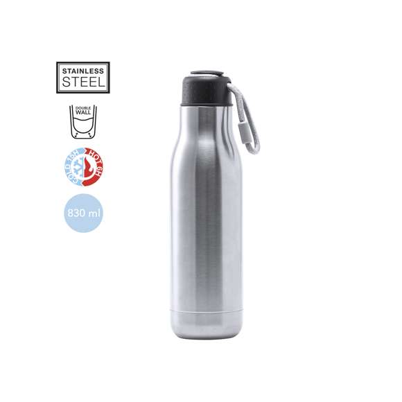 Bidón térmico de acero inox y doble pared de 830ml de capacidad y de acabado brillo. Tapón de seguridad libre de BPA y presentado en atractiva caja de diseño.