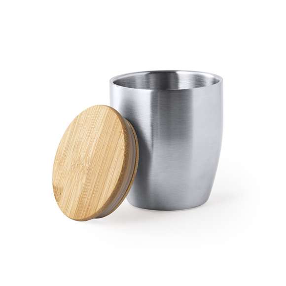 Vaso térmico de acero inox, con doble pared y 280ml de capacidad. Tapa fabricada en bambú y presentado en atractiva caja de diseño eco.