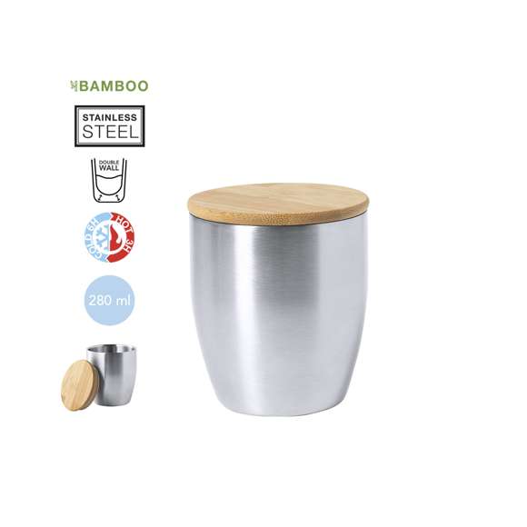 Vaso térmico de acero inox, con doble pared y 280ml de capacidad. Tapa fabricada en bambú y presentado en atractiva caja de diseño eco.