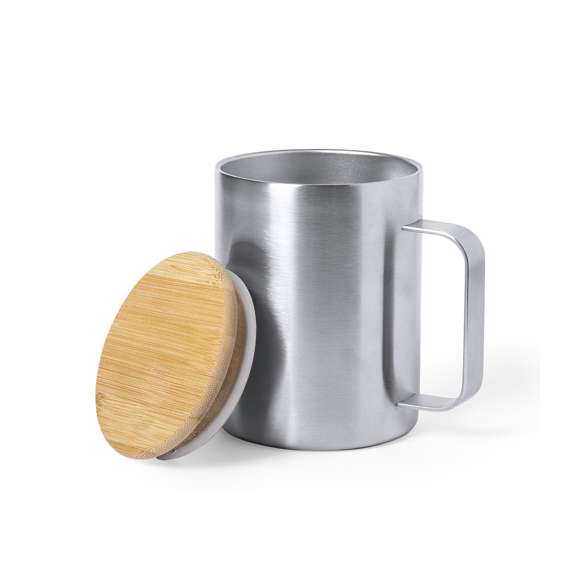 Taza de térmica de acero inox y 350ml de capacidad. Tapa fabricada en bambú y presentada en atractiva caja de diseño eco.