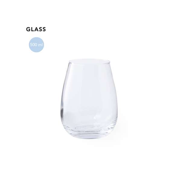 Vaso de cristal de 500ml de capacidad. Con atractivo diseño curvado y presentado en caja individual de diseño kraft.