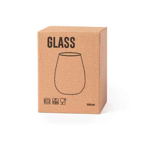 Vaso de cristal de 500ml de capacidad. Con atractivo diseño curvado y presentado en caja individual de diseño kraft.