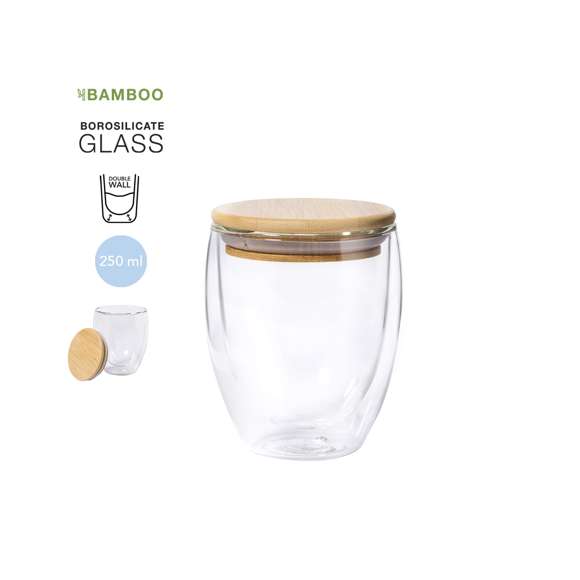Vaso térmico de línea nature en alta calidad, de doble pared y 250ml de capacidad. Fabricado en cristal de borosilicato, que ofrece una resistencia y durabilidad excepcionales, alargando su vida útil y pudiendo ser reutilizado infinidad de veces. Tapa en bambú y presentado en atractiva caja de diseño eco.