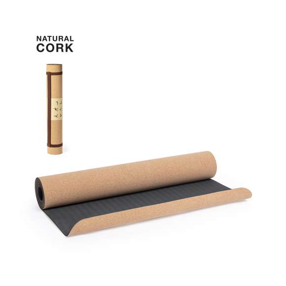 Esterilla de línea nature para la práctica del yoga y otras actividades. Fabricada en resistente corcho natural, con base antideslizante en TPE. Tamaño 60x180 cm, con asa de transporte y presentada en atractiva funda individual de diseño eco, con ilustraciones de ejercicios.