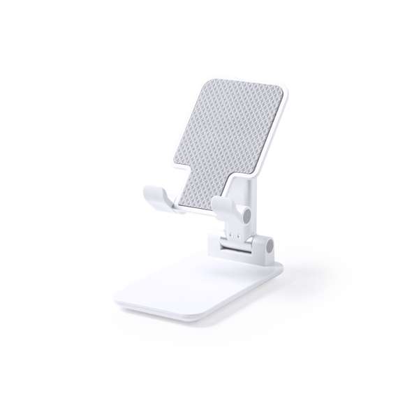 Soporte plegable para smartphones y tablets. Regulable en altura, incluye protecciones de goma antideslizantes en base y soporte. En sobrio acabado de color blanco y con amplia superficie de marcaje, especialmente indicado para impresión en tampografía. Presentado en atractiva caja de diseño.