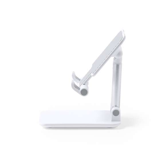 Soporte plegable para smartphones y tablets. Regulable en altura, incluye protecciones de goma antideslizantes en base y soporte. En sobrio acabado de color blanco y con amplia superficie de marcaje, especialmente indicado para impresión en tampografía. Presentado en atractiva caja de diseño.