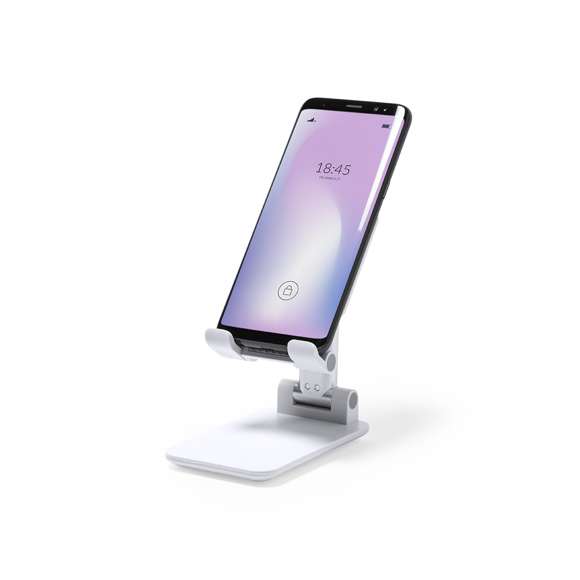 Soporte plegable para smartphones y tablets. Regulable en altura, incluye protecciones de goma antideslizantes en base y soporte. En sobrio acabado de color blanco y con amplia superficie de marcaje, especialmente indicado para impresión en tampografía. Presentado en atractiva caja de diseño.