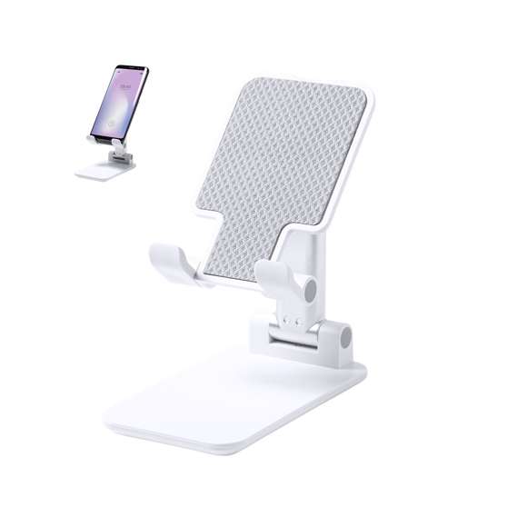 Soporte plegable para smartphones y tablets. Regulable en altura, incluye protecciones de goma antideslizantes en base y soporte. En sobrio acabado de color blanco y con amplia superficie de marcaje, especialmente indicado para impresión en tampografía. Presentado en atractiva caja de diseño.