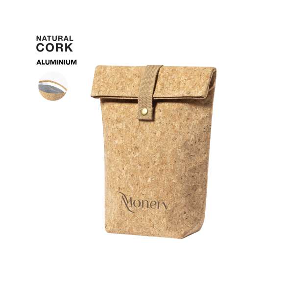  	Bolsa térmica de línea nature fabricada en corcho, para así fomentar el uso de materias primas naturales y contribuir a la sostenibilidad del planeta. Compartimento principal con tira de algodón y cierre de corchete, con interior isotermo de aluminio.