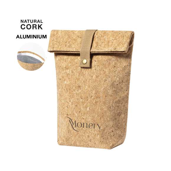  	Bolsa térmica de línea nature fabricada en corcho, para así fomentar el uso de materias primas naturales y contribuir a la sostenibilidad del planeta. Compartimento principal con tira de algodón y cierre de corchete, con interior isotermo de aluminio.