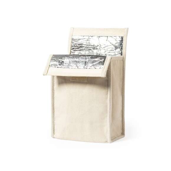 Bolsa térmica en resistente material 100% algodón de 330g/m2. Compartimento principal con cierre de velcro e interior isotermo de aluminio. Capacidad 2,3l.