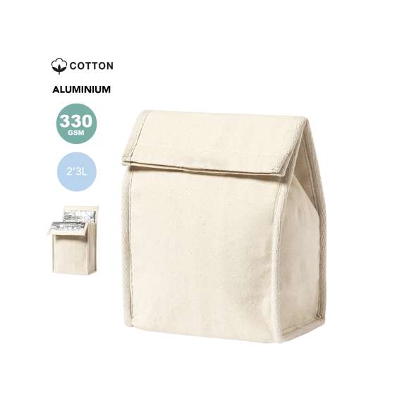 Bolsa térmica en resistente material 100% algodón de 330g/m2. Compartimento principal con cierre de velcro e interior isotermo de aluminio. Capacidad 2,3l.