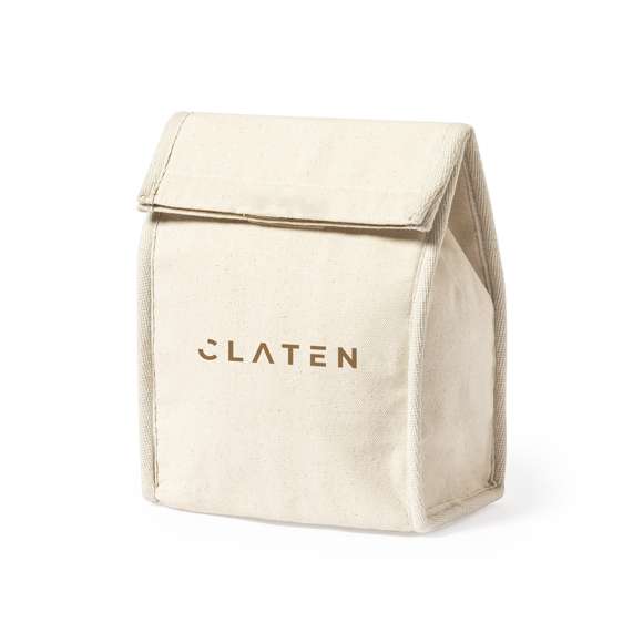 Bolsa térmica en resistente material 100% algodón de 330g/m2. Compartimento principal con cierre de velcro e interior isotermo de aluminio. Capacidad 2,3l.