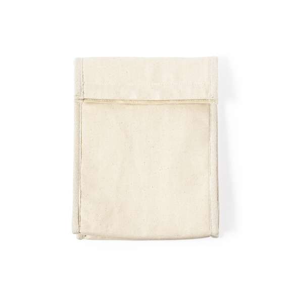Bolsa térmica en resistente material 100% algodón de 330g/m2. Compartimento principal con cierre de velcro e interior isotermo de aluminio. Capacidad 2,3l.