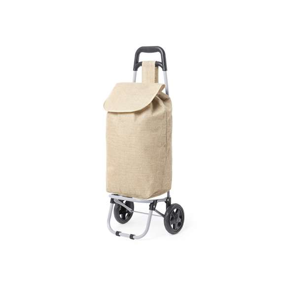 Carro de compra plegable y línea nature. Fabricado en resistente yute, fomentando la utilización de materiales naturales y así ayudar a la sostenibilidad del planeta. Con asa reforzada, cuerpo metálico tubular, bolsillo de cremallera posterior y soportes con gomas de protección. Ruedas reforzadas de alta calidad.