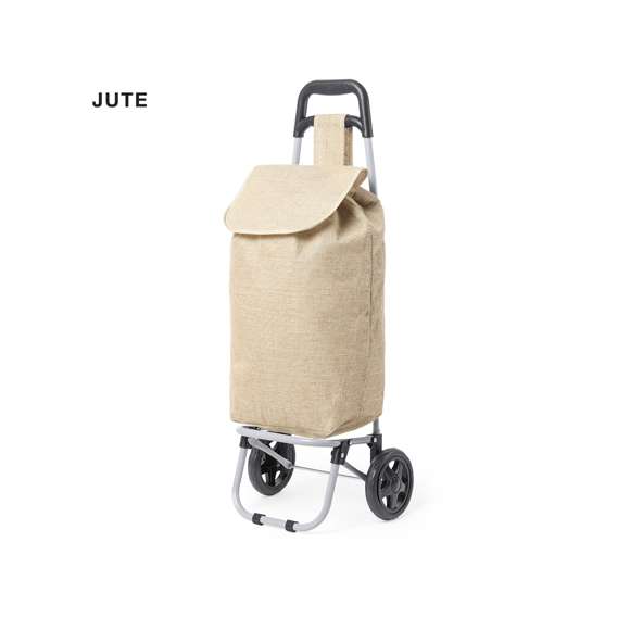 Carro de compra plegable y línea nature. Fabricado en resistente yute, fomentando la utilización de materiales naturales y así ayudar a la sostenibilidad del planeta. Con asa reforzada, cuerpo metálico tubular, bolsillo de cremallera posterior y soportes con gomas de protección. Ruedas reforzadas de alta calidad.