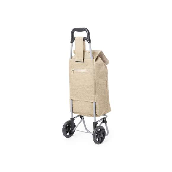 Carro de compra plegable y línea nature. Fabricado en resistente yute, fomentando la utilización de materiales naturales y así ayudar a la sostenibilidad del planeta. Con asa reforzada, cuerpo metálico tubular, bolsillo de cremallera posterior y soportes con gomas de protección. Ruedas reforzadas de alta calidad.