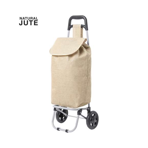 Carro de compra plegable y línea nature. Fabricado en resistente yute, fomentando la utilización de materiales naturales y así ayudar a la sostenibilidad del planeta. Con asa reforzada, cuerpo metálico tubular, bolsillo de cremallera posterior y soportes con gomas de protección. Ruedas reforzadas de alta calidad.