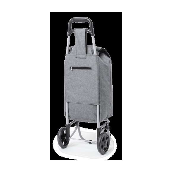 Carro de compra plegable y línea nature. Fabricado en resistente poliéster 600D RPET, elaborado a partir de plástico reciclado, para así fomentar la reutilización de residuos plásticos y ayudar a la sostenibilidad del planeta. Con asa reforzada, cuerpo metálico tubular, bolsillo de cremallera posterior y soportes con gomas de protección. Ruedas reforzadas de alta calidad. Etiqueta distintiva RPET en la solapa.