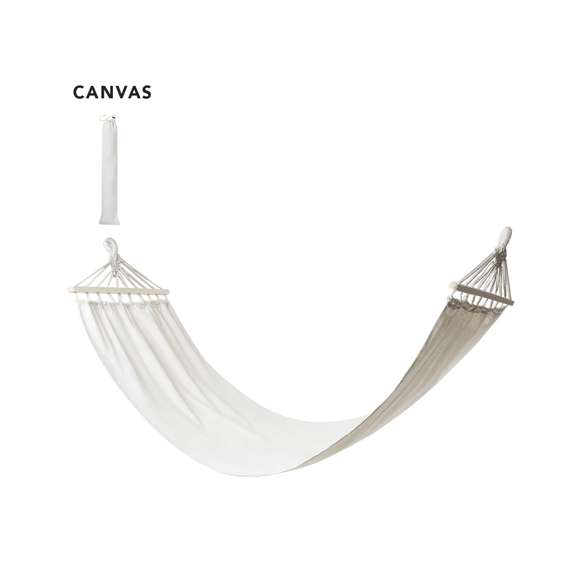 Hamaca fabricada en resistente canvas de 320g/m2 y 190x80cm. Con resistentes cintas de amarre y soportes en madera natural. Soporta hasta 120kg. Presentada en funda de canvas a juego.