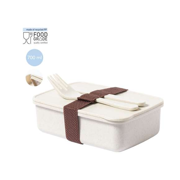 Fiambrera fabricada en PP veteado libre de BPA. De 700ml de capacidad, incluye cinta elástica de seguridad con tenedor y cuchillo. Certificación Food Grade, garantizando la seguridad cuando los alimentos entran en contacto con el material usado para fabricar el producto.