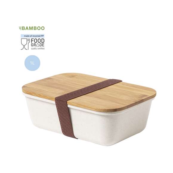  	Fiambrera de 1l en resistente material PP veteado libre de BPA, con tapa de bambú. Cinta elástica de seguridad en tapa y certificación Food Grade, garantizando la seguridad cuando los alimentos entran en contacto con el material usado para fabricar el producto.