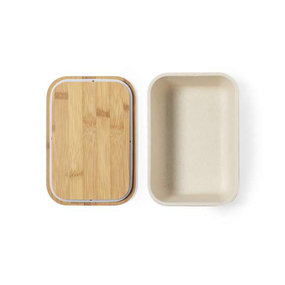  	Fiambrera de 1l en resistente material PP veteado libre de BPA, con tapa de bambú. Cinta elástica de seguridad en tapa y certificación Food Grade, garantizando la seguridad cuando los alimentos entran en contacto con el material usado para fabricar el producto.