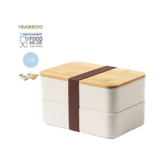 Fiambrera de 1,4l en resistente material PP veteado libre de BPA, con tapa de bambú. Dos compartimentos, cada uno de 700 ml de capacidad. Compartimento interior con tenedor, cuchara y cuchillo. Incluye cinta de seguridad exterior. Certificación Food Grade, garantizando la seguridad cuando los alimentos entran en contacto con el material usado para fabricar el producto.