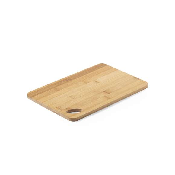 Tabla de línea nature fabricada en bambú pulido, ideal para corte y presentación, con troquel para fácil manejo y para colgar.