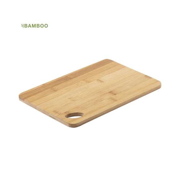 Tabla de línea nature fabricada en bambú pulido, ideal para corte y presentación, con troquel para fácil manejo y para colgar.