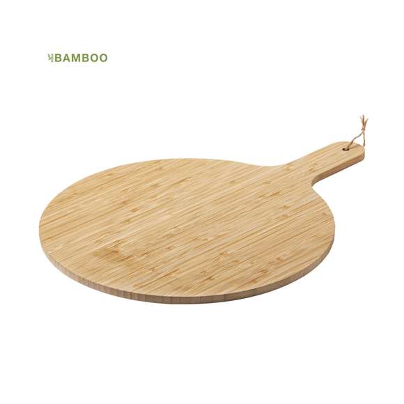 Tabla de línea nature fabricada en bambú pulido, ideal para presentación, con asa para fácil manejo y cordón para colgar en yute.