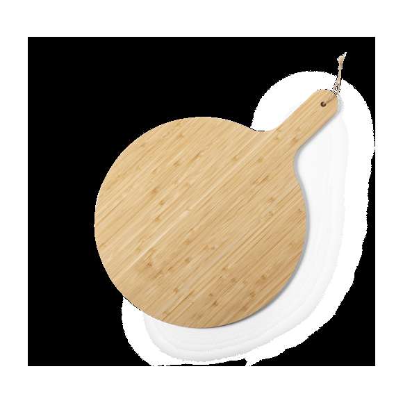 Tabla de línea nature fabricada en bambú pulido, ideal para presentación, con asa para fácil manejo y cordón para colgar en yute.