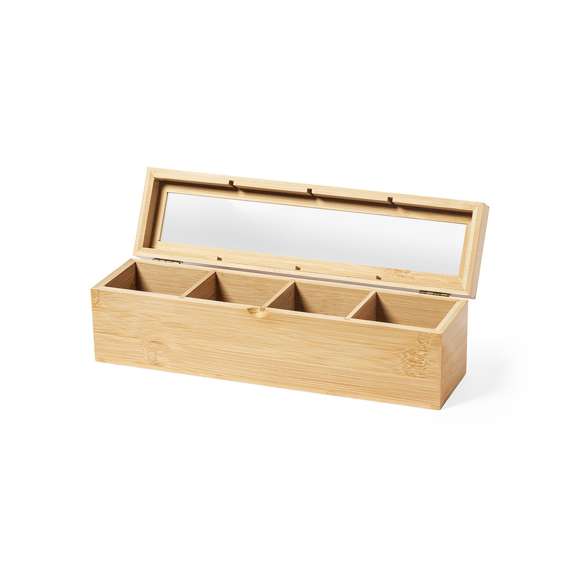 Caja para té de línea nature, fabricada en bambú, con cristal en tapa. Incluye 4 compartimentos para almacenar distintos tipos de té. Presentada en atractiva caja de diseño eco.