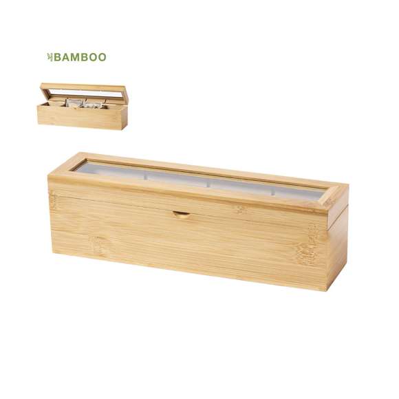 Caja para té de línea nature, fabricada en bambú, con cristal en tapa. Incluye 4 compartimentos para almacenar distintos tipos de té. Presentada en atractiva caja de diseño eco.