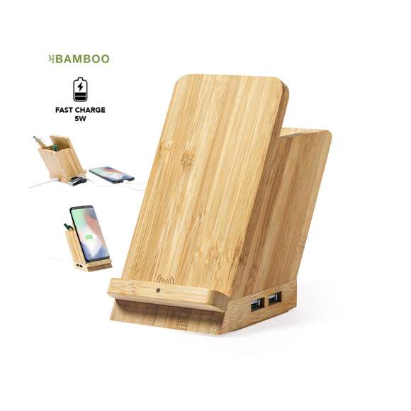 Lapicero multifunción 4 en 1 de línea nature fabricado en bambú. Con funciones lapicero, soporte para smartphone, cargador inalámbrico 5W y puerto USB (4xUSB 2.0). Compatible con smartphones con tecnología de carga inalámbrica. Incluye cable micro USB en color blanco de 1 metro de largo. Presentado en atractiva caja de diseño eco. Disponible manual de instrucciones en español e inglés.