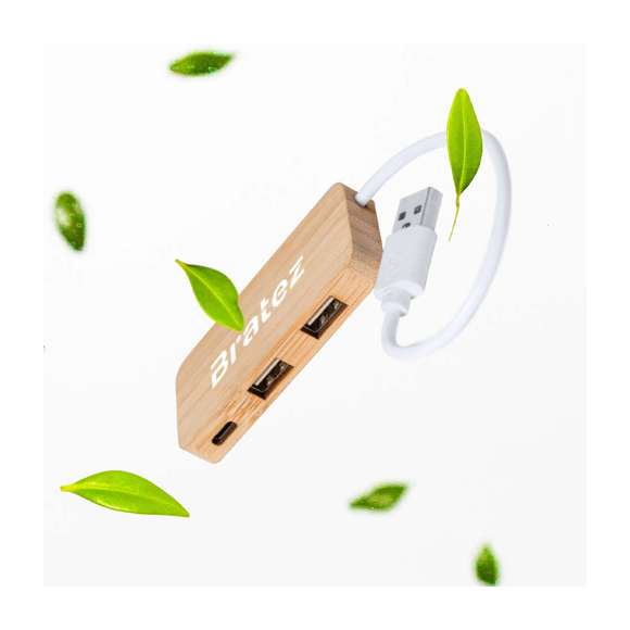 Puerto USB 2.0 de línea nature y fabricado en bambú. Incluye 1 puerto Tipo C y 2 puertos USB. Presentado en atractiva caja de diseño eco.