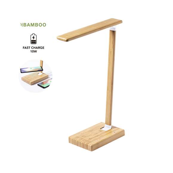 Lámpara cargador plegable de línea nature. Fabricada en bambú procedente de cortes naturales y con base antideslizante. Cargador inalámbrico 10W integrado. Incluye 25 LEDs y 3 posiciones de iluminación (cálida, fría y media) e intensidad regulable. Incluye temporizador de 1H y 2H para la luz  y una salida USB. Compatible con dispositivos móviles de carga inalámbrica, con cable cargador tipo C y viene presentada en una atractiva caja de diseño eco. Disponible manual de instrucciones en español e inglés.