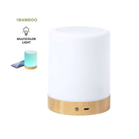 Altavoz de línea nature, fabricado en combinación de bambú y resistente ABS. Con Tecnología Led Inteligente y conexión Bluetooth® 5.0. Gracias a la Tecnología Led Inteligente ILT, solamente hay que presionar con los dedos la parte superior del altavoz para cambiar el color y la intensidad de la luz led según se desee, combinando las 4 posiciones de luz disponibles. 3W de potencia y soportes de goma antideslizantes en la base. Presentado en atractiva caja de diseño eco.