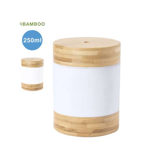 Elegante y decorativo humidificador de línea nature, fabricado en combinación de bambú con resistente PC. Con luz led de 2 posiciones y vaporización continua. Depósito de 250 ml, indicado para uso en estancias de hasta 25m2. Conexión USB y cable Micro USB incluido de 100 cm. Presentado en atractiva caja de diseño eco.