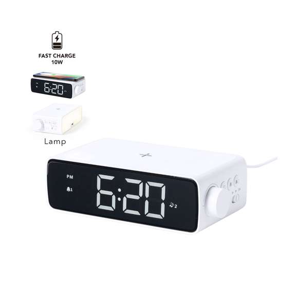 Reloj multifunción de elegante diseño en color blanco con cargador inalámbrico de 10W integrado y lámpara led integrada. Con función fecha/hora, alarma y lámpara de 36 ledes con intensidad de luz regulable. Conexión USB, con cable Tipo C incluido de 100 cm y alimentación auxiliar a pilas de botón (incluida). Compatible con dispositivos equipados con tecnología de carga inalámbrica. Presentado en atractiva caja de diseño.En cumplimiento con los requisitos de seguridad: Sistema de protección contra sobrecalentamiento. Sistema de protección contra sobrecarga.