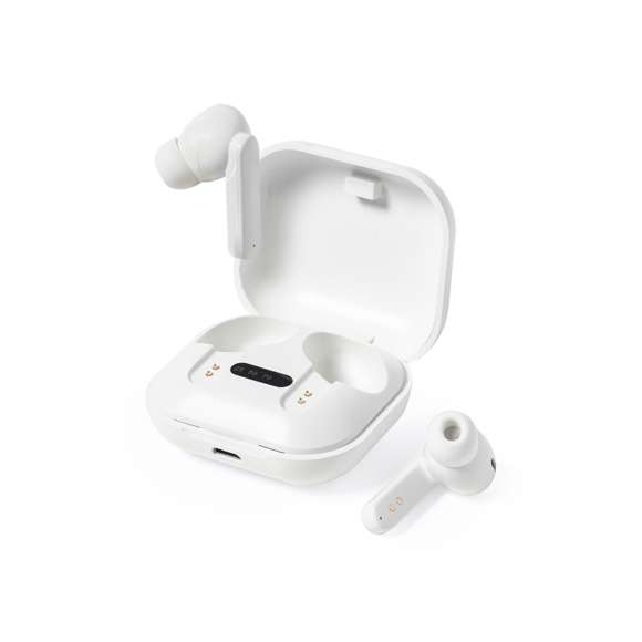 Auriculares intraurales de línea nature y conexión Bluetooth® 5.0, con batería de litio y en elegante acabado de color blanco. Fabricados en ABS reciclado (RABS) y con certificación RCS, que garantiza el origen reciclado del mismo. De diseño ergonómico, incluyen botón de control integrado en el auricular, con base de carga a juego e indicador LED de estado de carga. Función manos libres y recargables, con cable micro USB incluido. Presentados en atractiva caja de diseño eco.