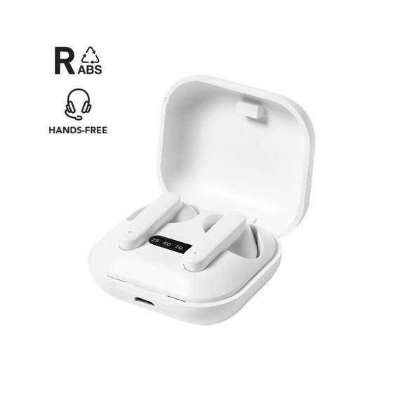 Auriculares intraurales de línea nature y conexión Bluetooth® 5.0, con batería de litio y en elegante acabado de color blanco. Fabricados en ABS reciclado (RABS) y con certificación RCS, que garantiza el origen reciclado del mismo. De diseño ergonómico, incluyen botón de control integrado en el auricular, con base de carga a juego e indicador LED de estado de carga. Función manos libres y recargables, con cable micro USB incluido. Presentados en atractiva caja de diseño eco.