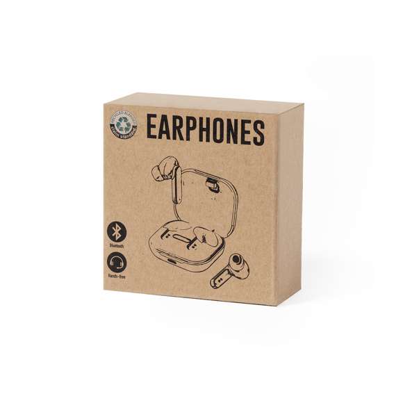 Auriculares intraurales de línea nature y conexión Bluetooth® 5.0, con batería de litio y en elegante acabado de color blanco. Fabricados en ABS reciclado (RABS) y con certificación RCS, que garantiza el origen reciclado del mismo. De diseño ergonómico, incluyen botón de control integrado en el auricular, con base de carga a juego e indicador LED de estado de carga. Función manos libres y recargables, con cable micro USB incluido. Presentados en atractiva caja de diseño eco.
